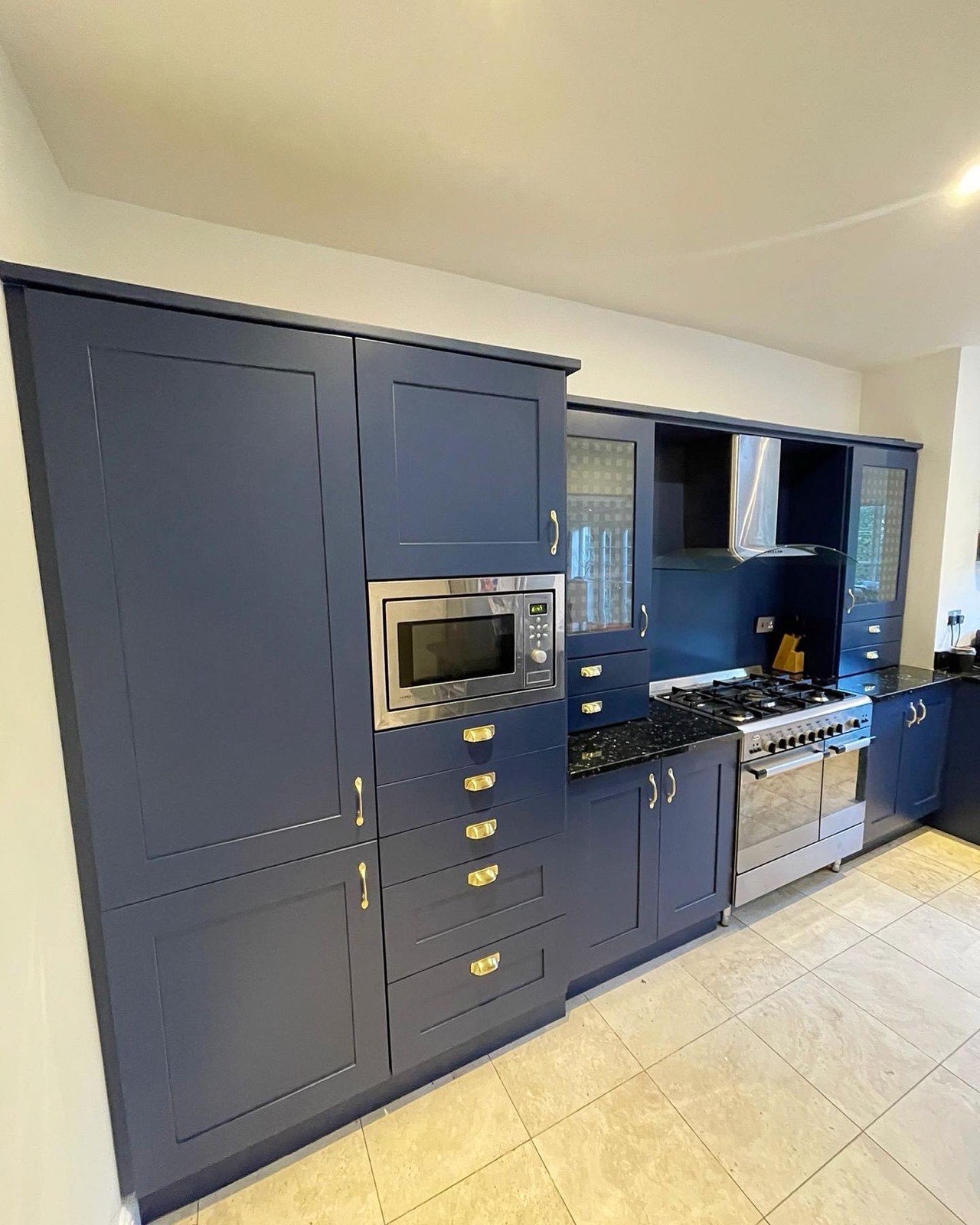 Navy blue shaker kitchen with brass handles Yorkshire